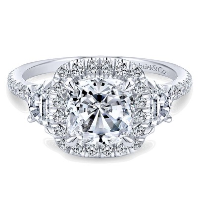 14K White Gold 3 Stone Diamond Cushion Cut Halo 14K White Gold Engagement Ring ER9189W44Jj