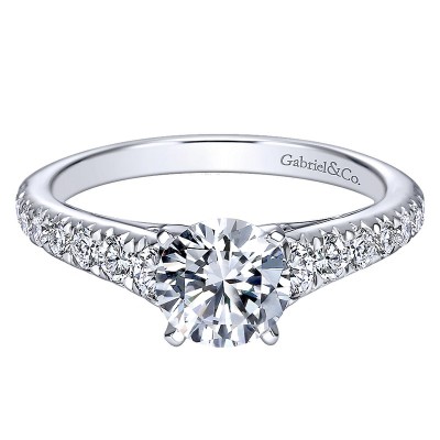 14K White Gold Graduating Pave Diamond On Straight Band 14K White Gold Engagement Ring ER8259W44Jj