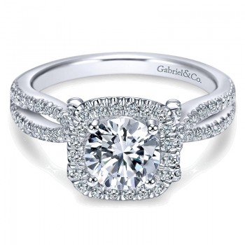 14K White Gold Diamond Pave Halo Split Shank 14K White Gold Engagement Ring ER7806W44Jj